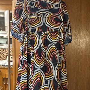 Pink Chicken Black Multi-Color Wave Print Midi Dress